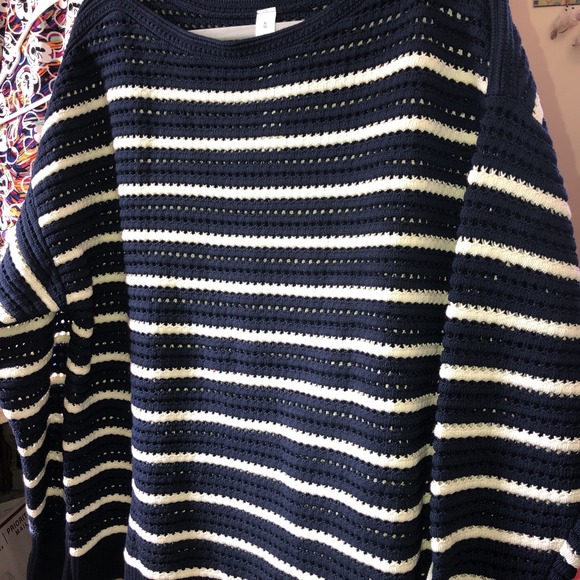 LULULEMON Cotton Crochet Mesh Pullover Sweater Navy Blue White Stripe XL NWT - Picture 8 of 14